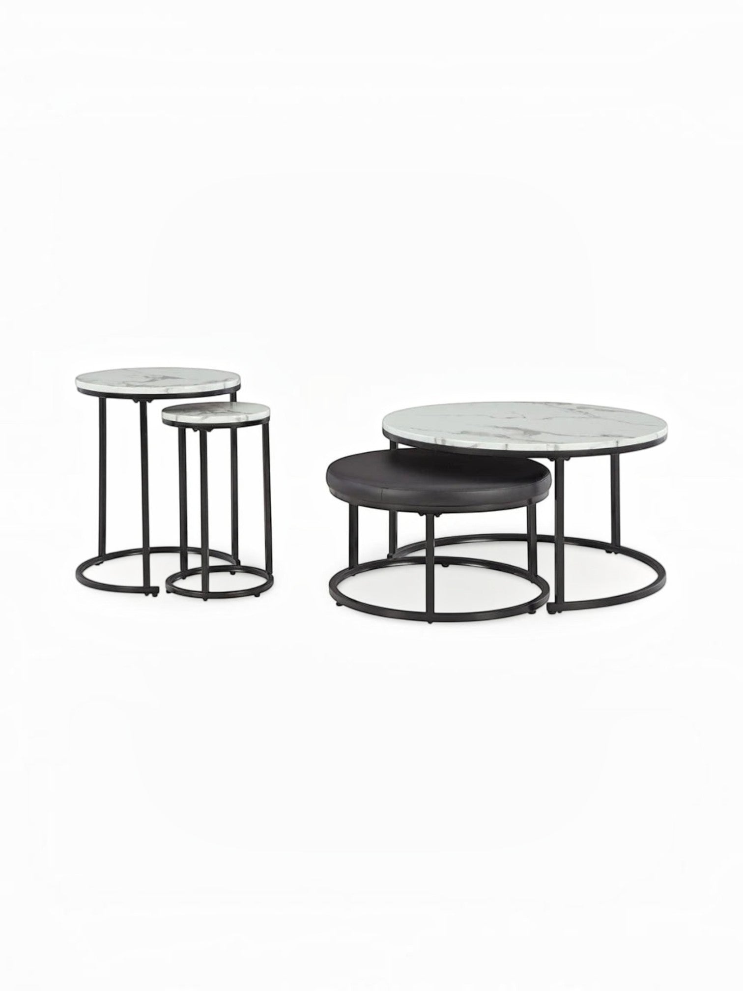 Ensemble de 4 tables gigognes TOCO Meubles avec plateaux ronds effet marbre blanc et structures en métal noir