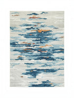 Tapis Vinlett par TOCO Meubles au motif abstrait bleu, gris et ocre, lavable en machine pour un style contemporain.
