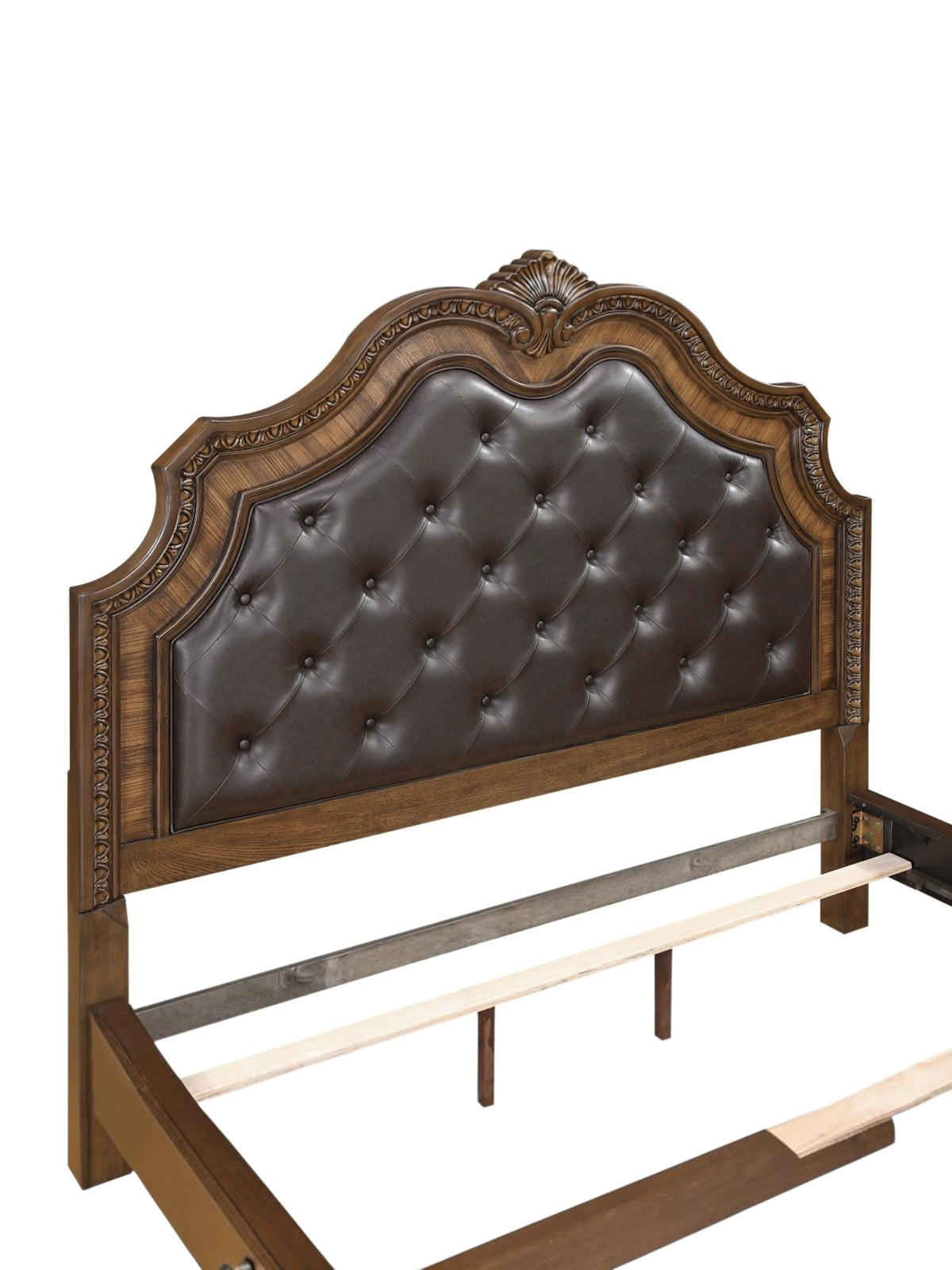 Tête de lit TOCO Meubles Émile en bois brun foncé avec similicuir capitonné et moulures sculptées traditionnelles