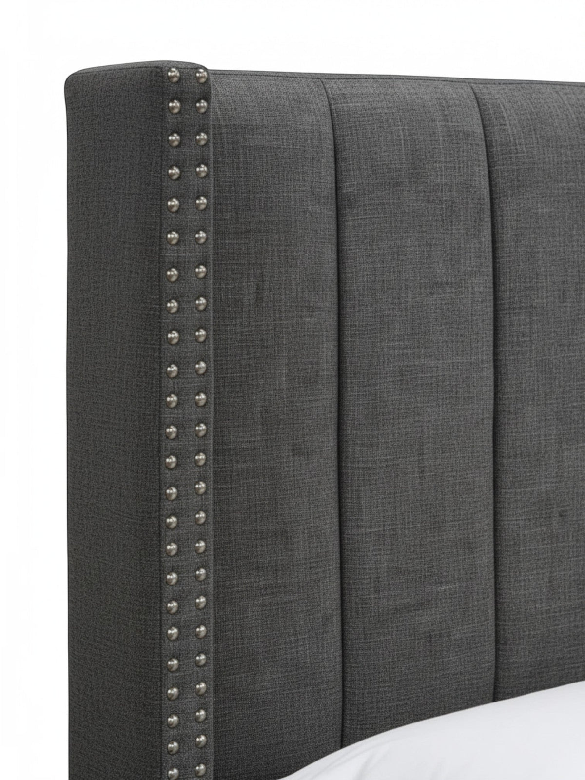 Tête de lit TOCO Meubles Lorenzo en tissu gris capitonné avec détails de clous décoratifs argentés
