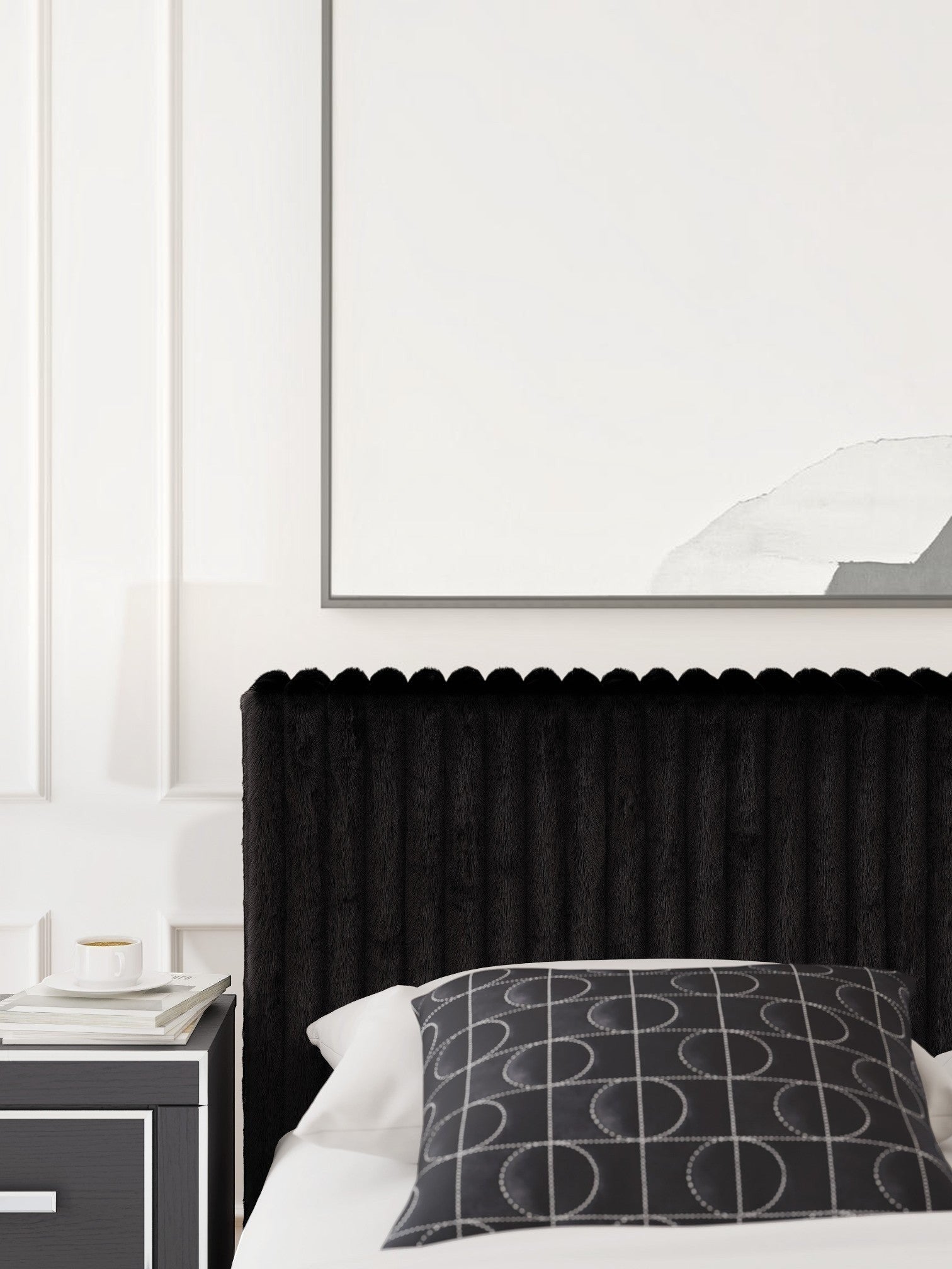 Tête de lit TOCO Meubles Chloe noire en tissu texturé côtelé avec design contemporain et élégant