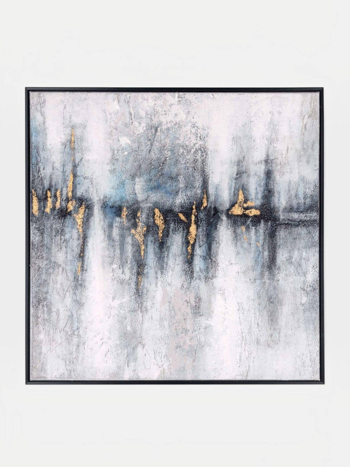 Toile abstraite TOCO Meubles aux tons gris et bleu avec détails dorés, encadrée dans un cadre flottant noir moderne.