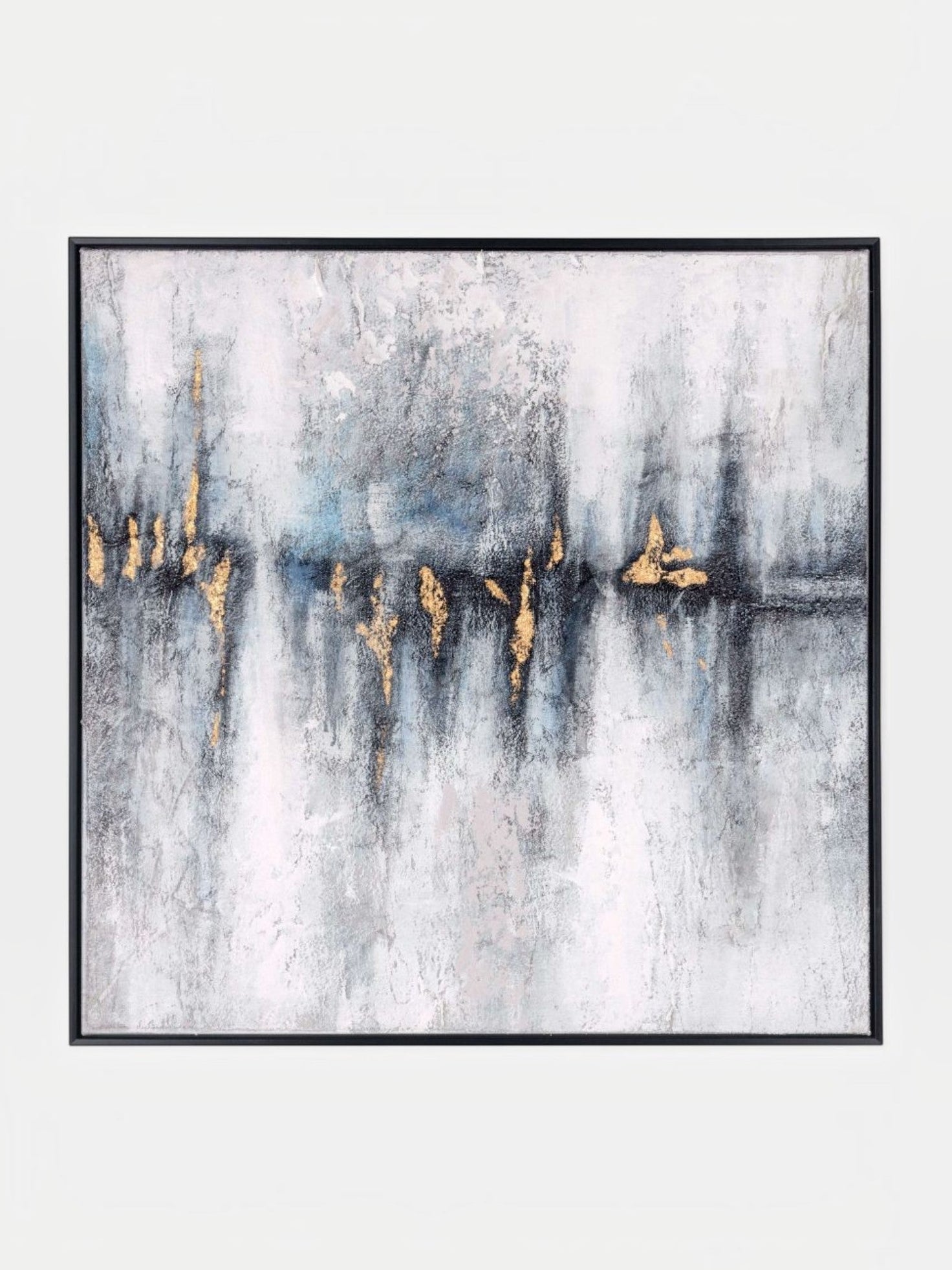 Toile abstraite TOCO Meubles aux tons gris et bleu avec détails dorés, encadrée dans un cadre flottant noir moderne.