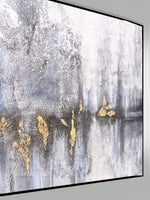 Toile abstraite TOCO Meubles aux tons gris et bleu avec détails en feuilles d'or dans un cadre flottant noir