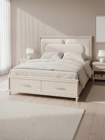 Très grand lit Ariane par TOCO Meubles en bois blanc avec tête de lit en chenille et tiroirs de rangement intégrés