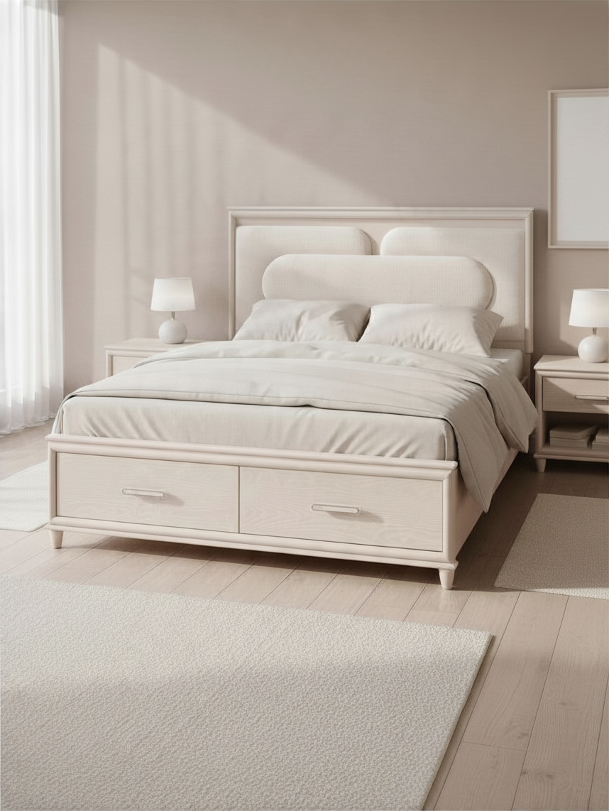 Très grand lit Ariane par TOCO Meubles en bois blanc avec tête de lit en chenille et tiroirs de rangement intégrés