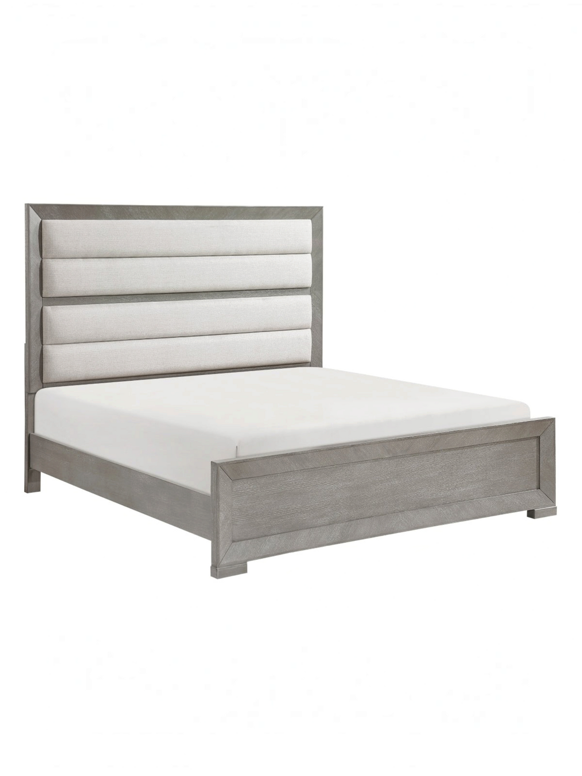 Très grand lit Arthur par TOCO Meubles avec tête de lit rembourrée en tissu et cadre en placage de chêne gris
