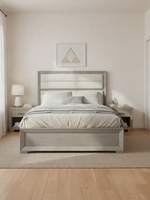 Très grand lit TOCO Meubles Arthur avec tête de lit rembourrée en tissu texturé et cadre en placage de chêne gris