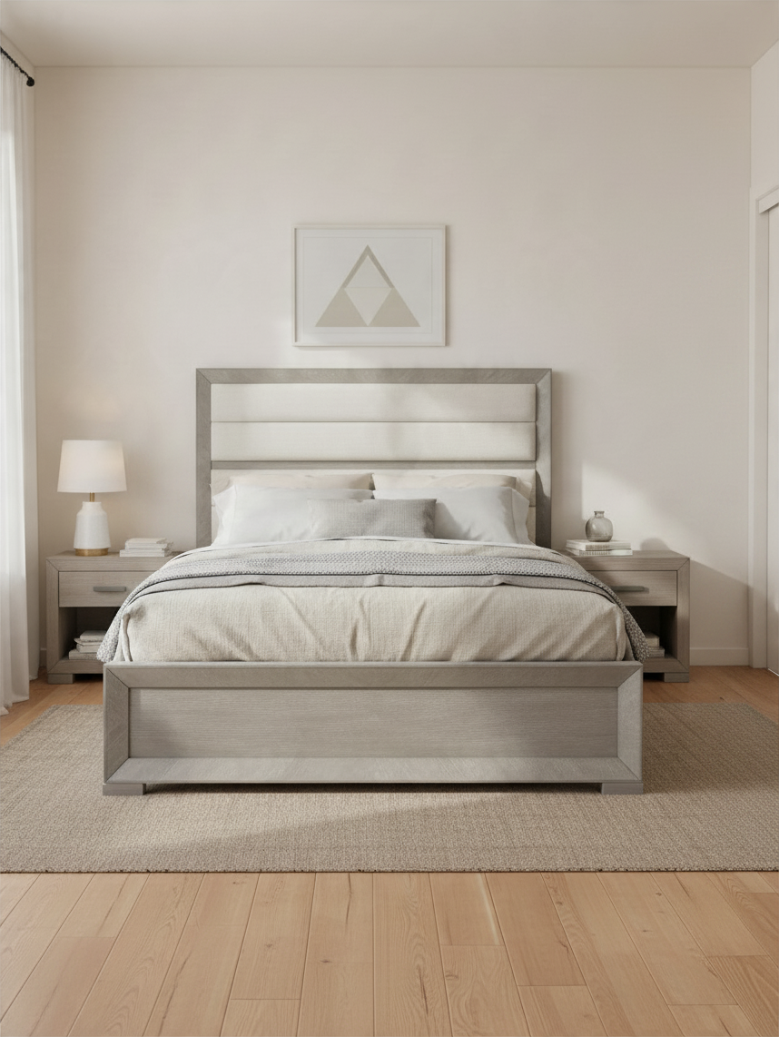 Très grand lit TOCO Meubles Arthur avec tête de lit rembourrée en tissu texturé et cadre en placage de chêne gris