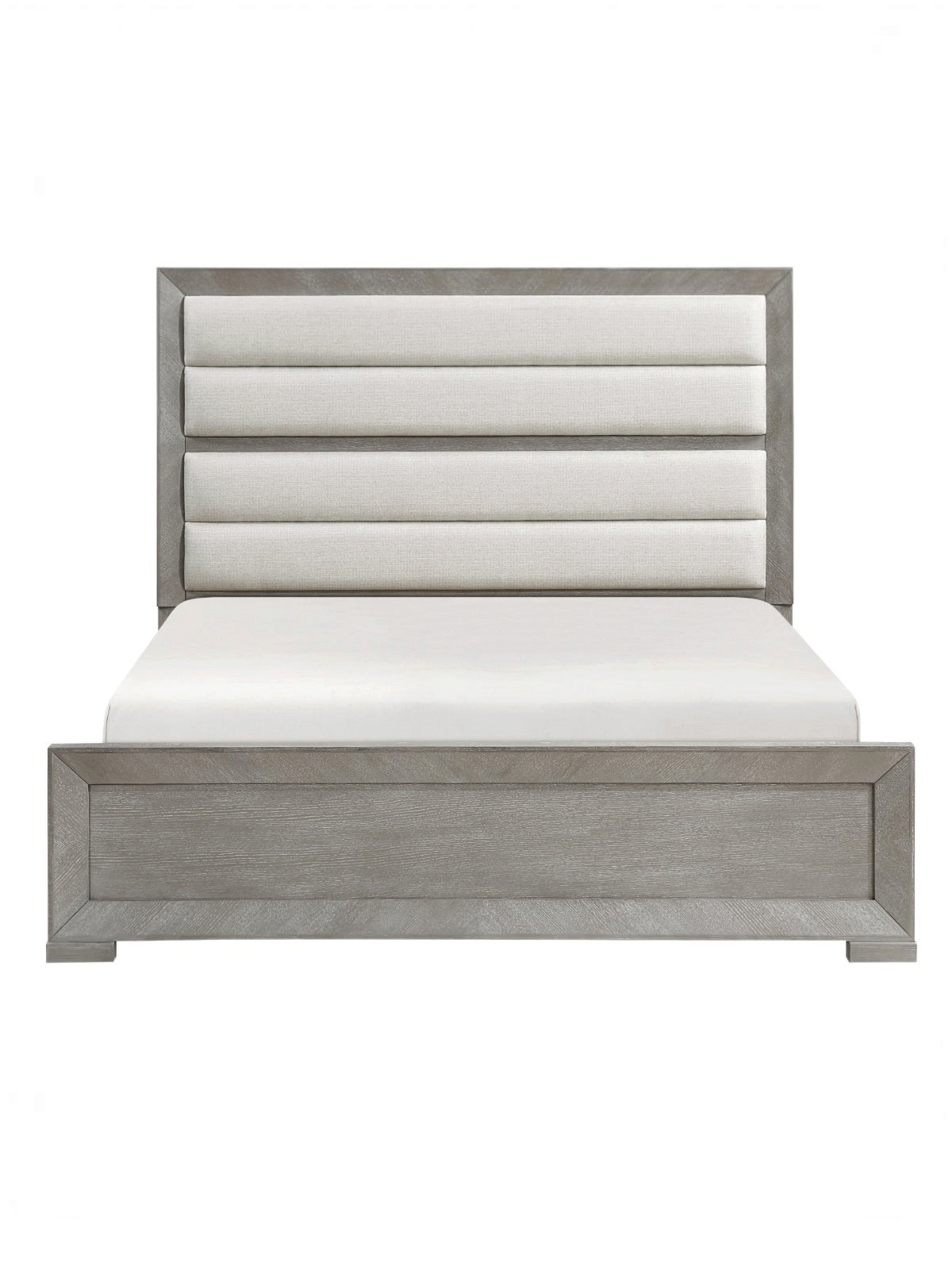 Très grand lit TOCO Meubles Arthur avec tête de lit rembourrée en tissu texturé et cadre en placage de chêne gris