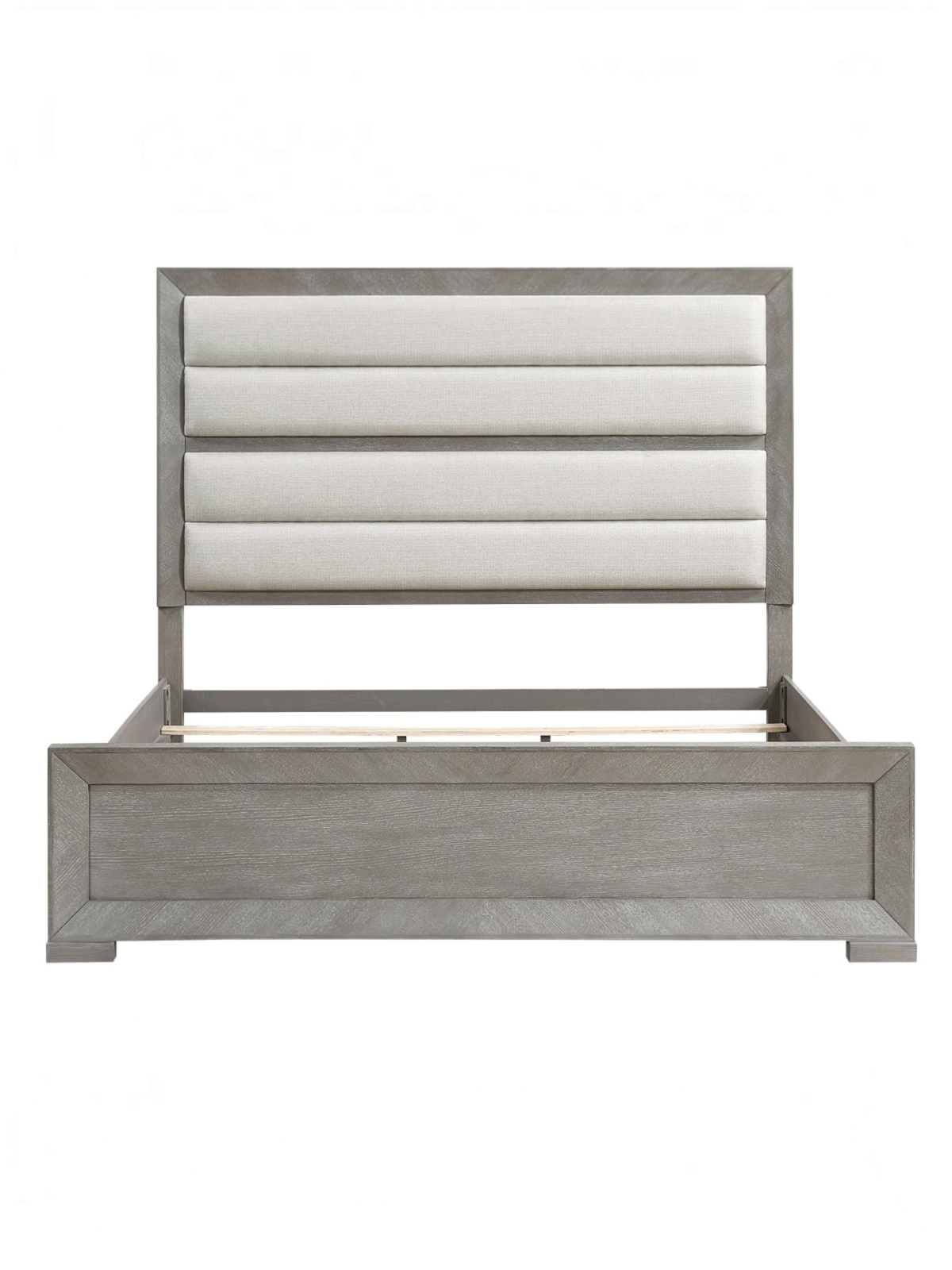 Très grand lit TOCO Meubles Arthur avec tête de lit rembourrée en tissu beige et cadre en placage de chêne gris