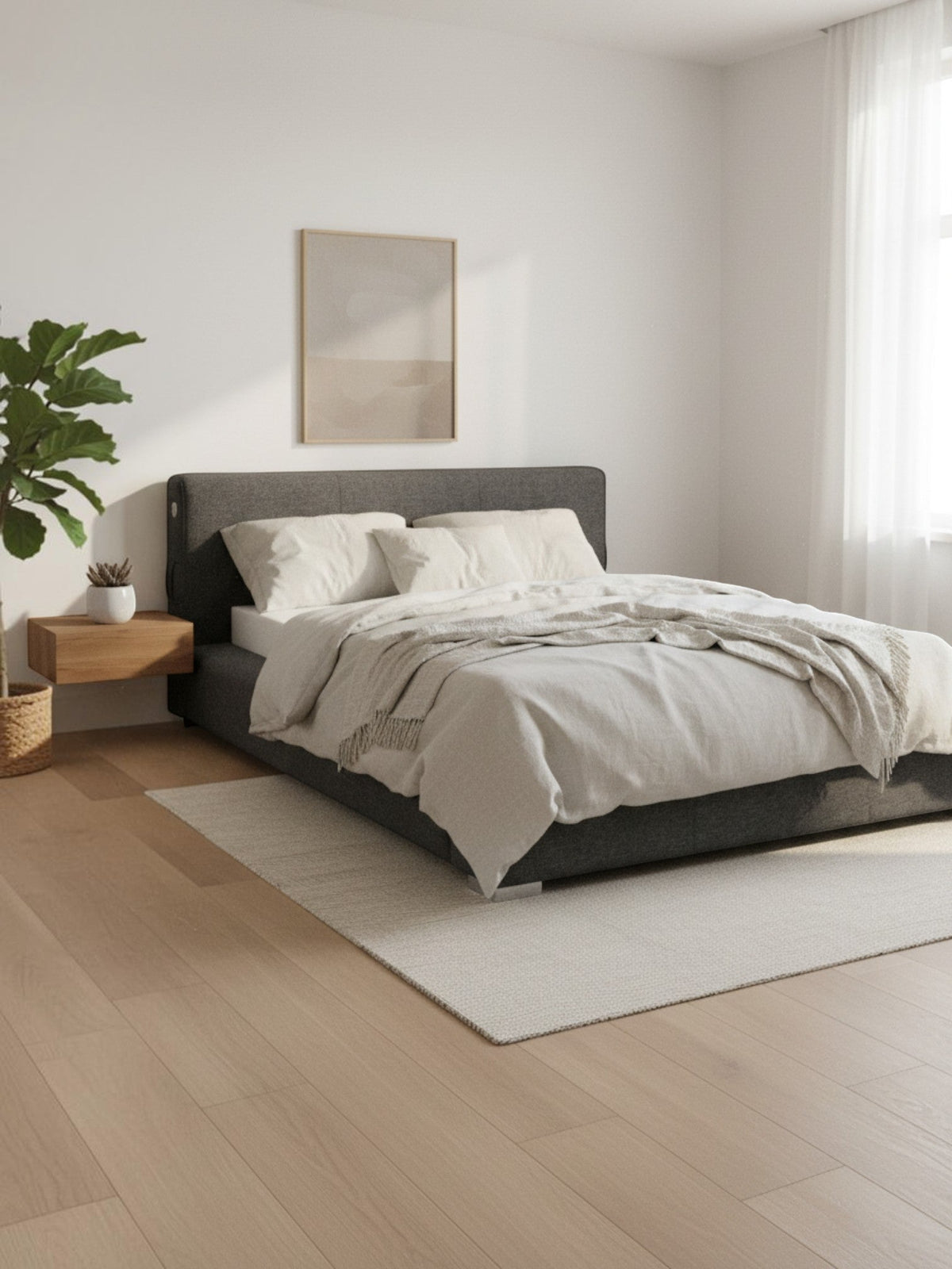 Très grand lit Billie TOCO Meubles gris rembourré avec tête de lit confortable et cadre large dans une chambre moderne