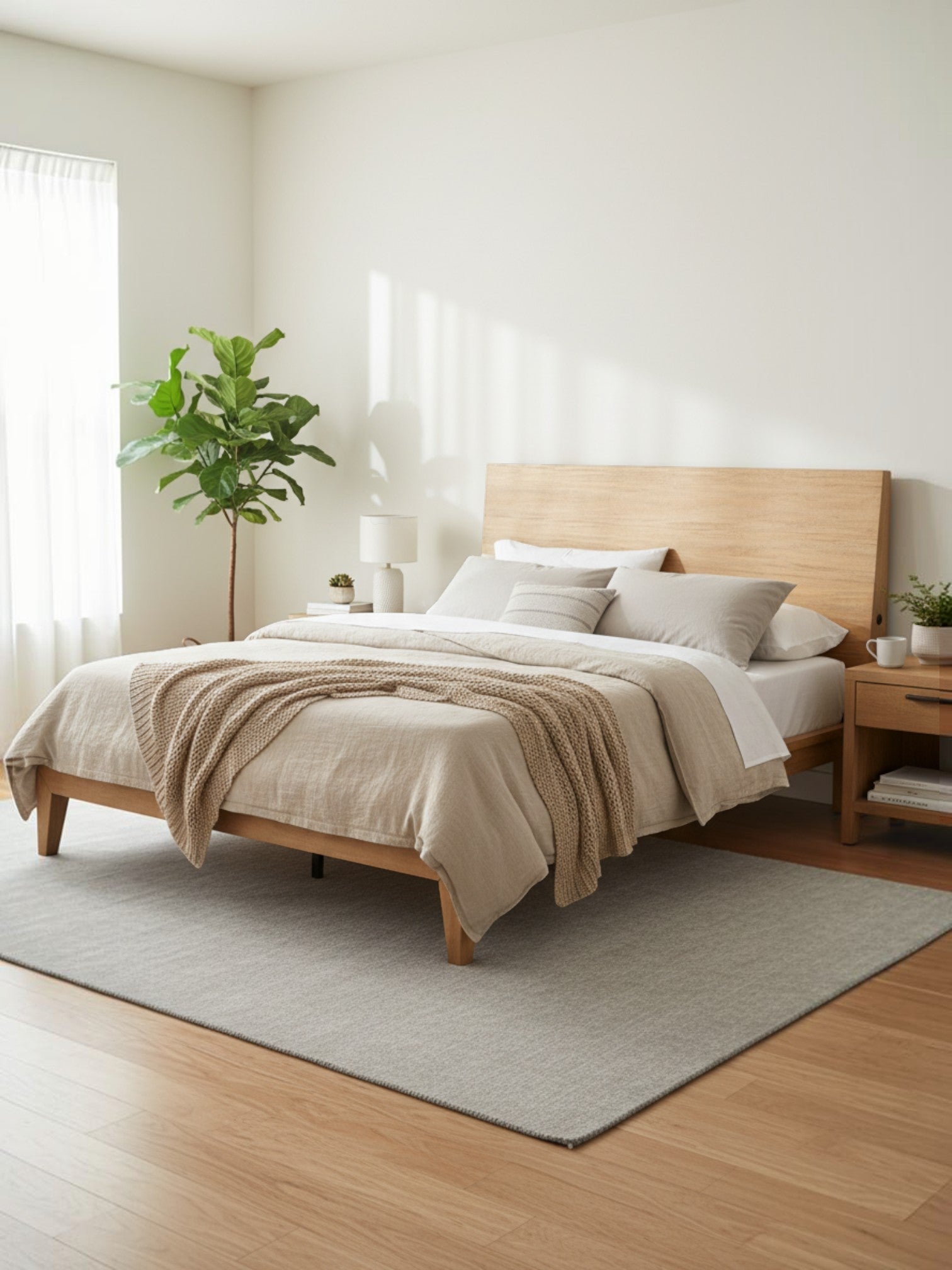Très grand lit Carmen TOCO Meubles en bois clair avec tête de lit inclinable et ports USB dans une chambre moderne