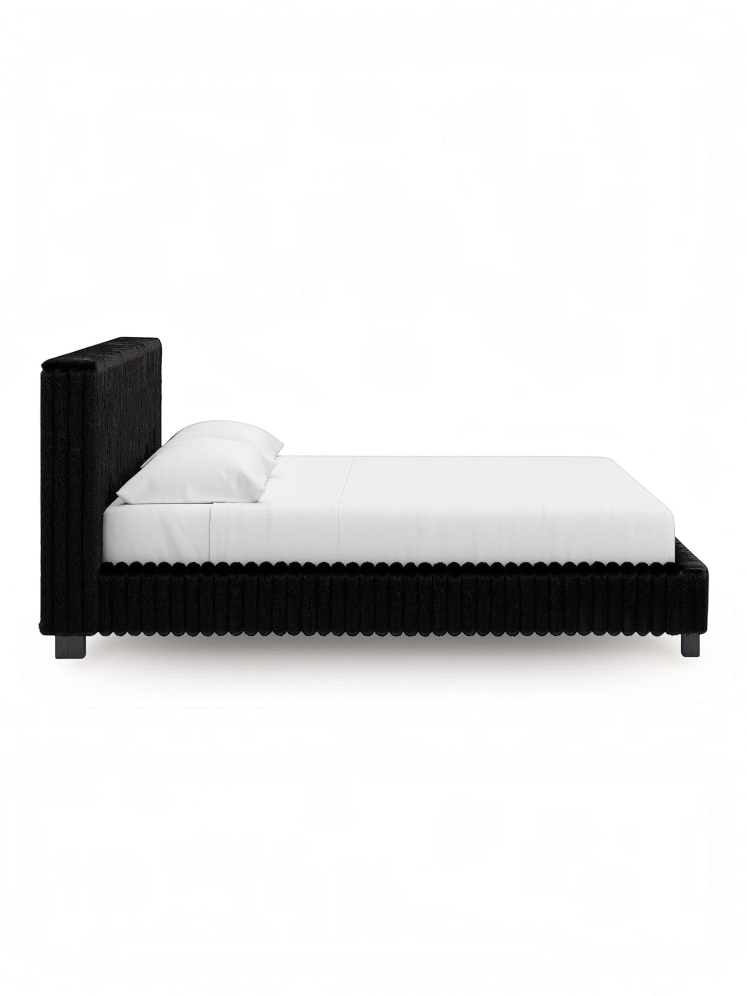 Très grand lit Chloe TOCO Meubles en tissu noir à texture côtelée, design contemporain et enveloppant, vue latérale.