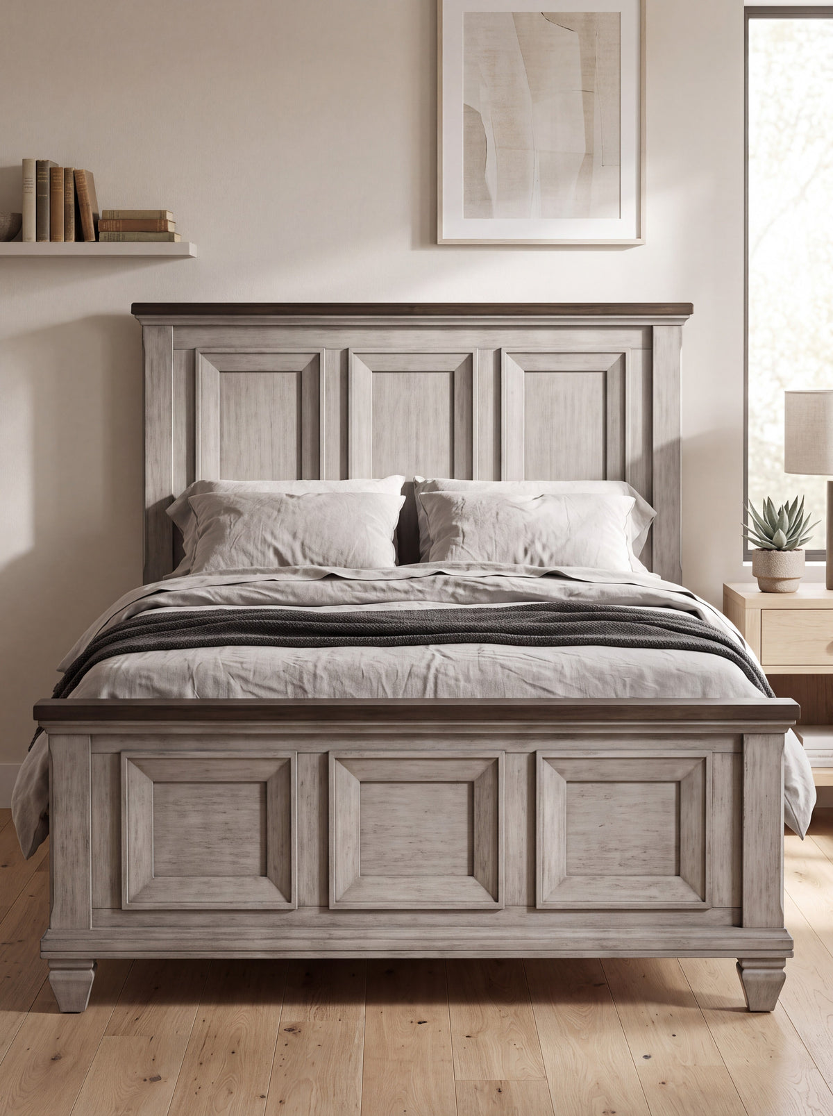 Très grand lit Esko TOCO Meubles en bois gris rustique avec tête et pied de lit à panneaux encastrés