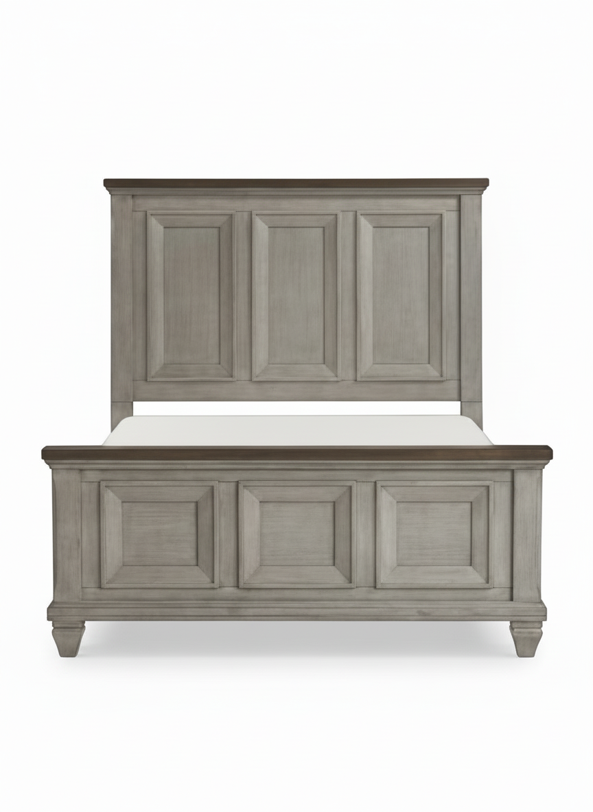 Très grand lit Esko TOCO Meubles en bois gris avec tête et pied de lit à panneaux encadrés et finition bicolore