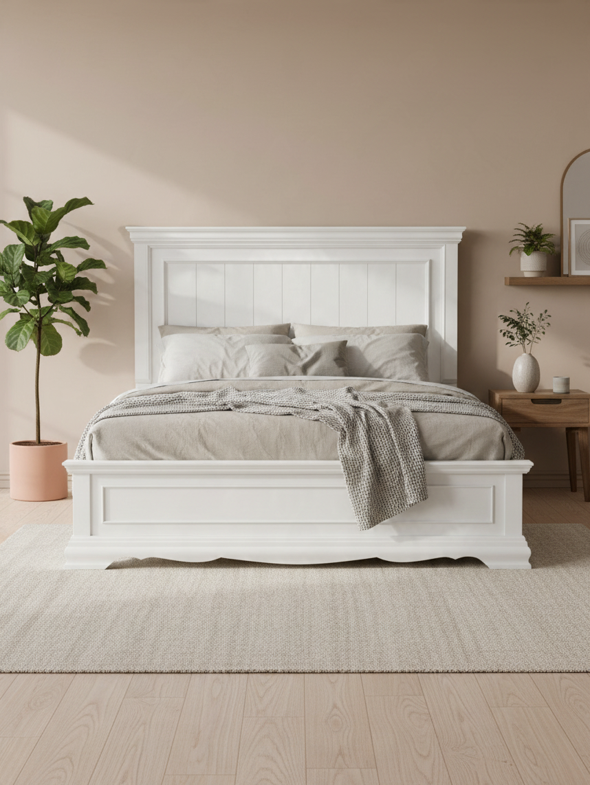 Très grand lit Florence TOCO Meubles blanc à panneaux moulurés dans une chambre au style classique et champêtre