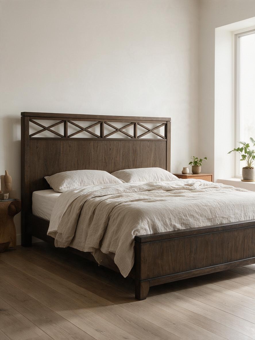 Très grand lit TOCO Meubles Gaston en placage de frêne brun foncé avec tête de lit décorée d'un motif en X