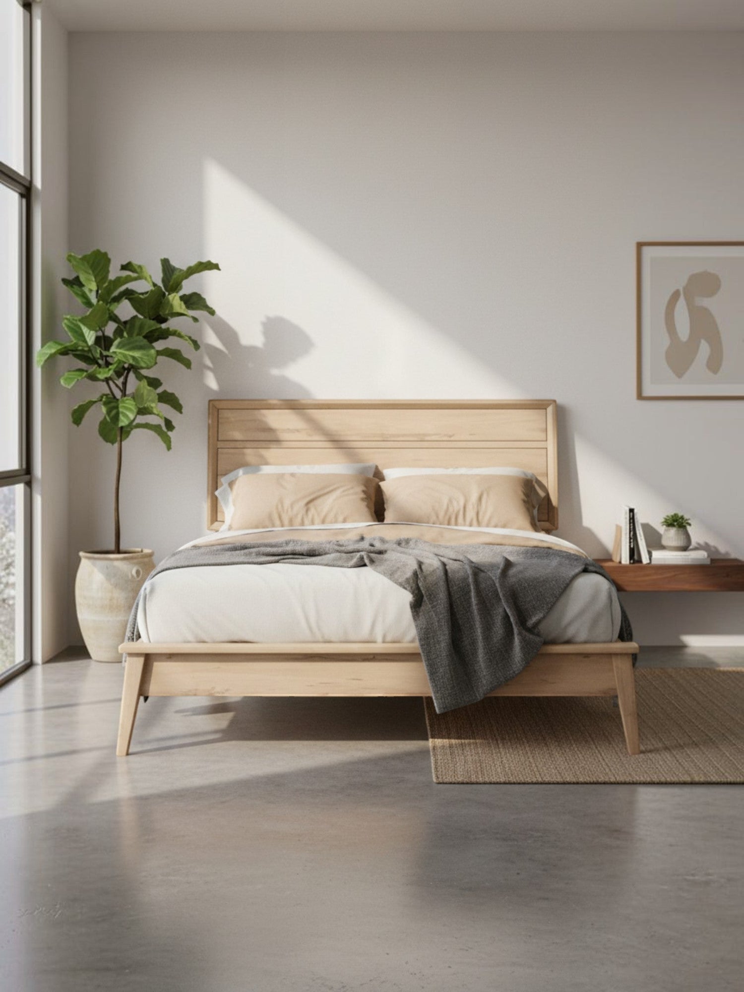 Très grand lit Joaquin TOCO Meubles en mélamine effet bois clair au design moderne mid-century dans une chambre