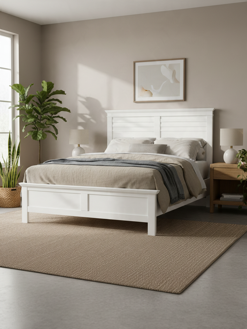 Très grand lit Rosalie par TOCO Meubles en bois blanc au style champêtre avec tête de lit à moulure horizontale