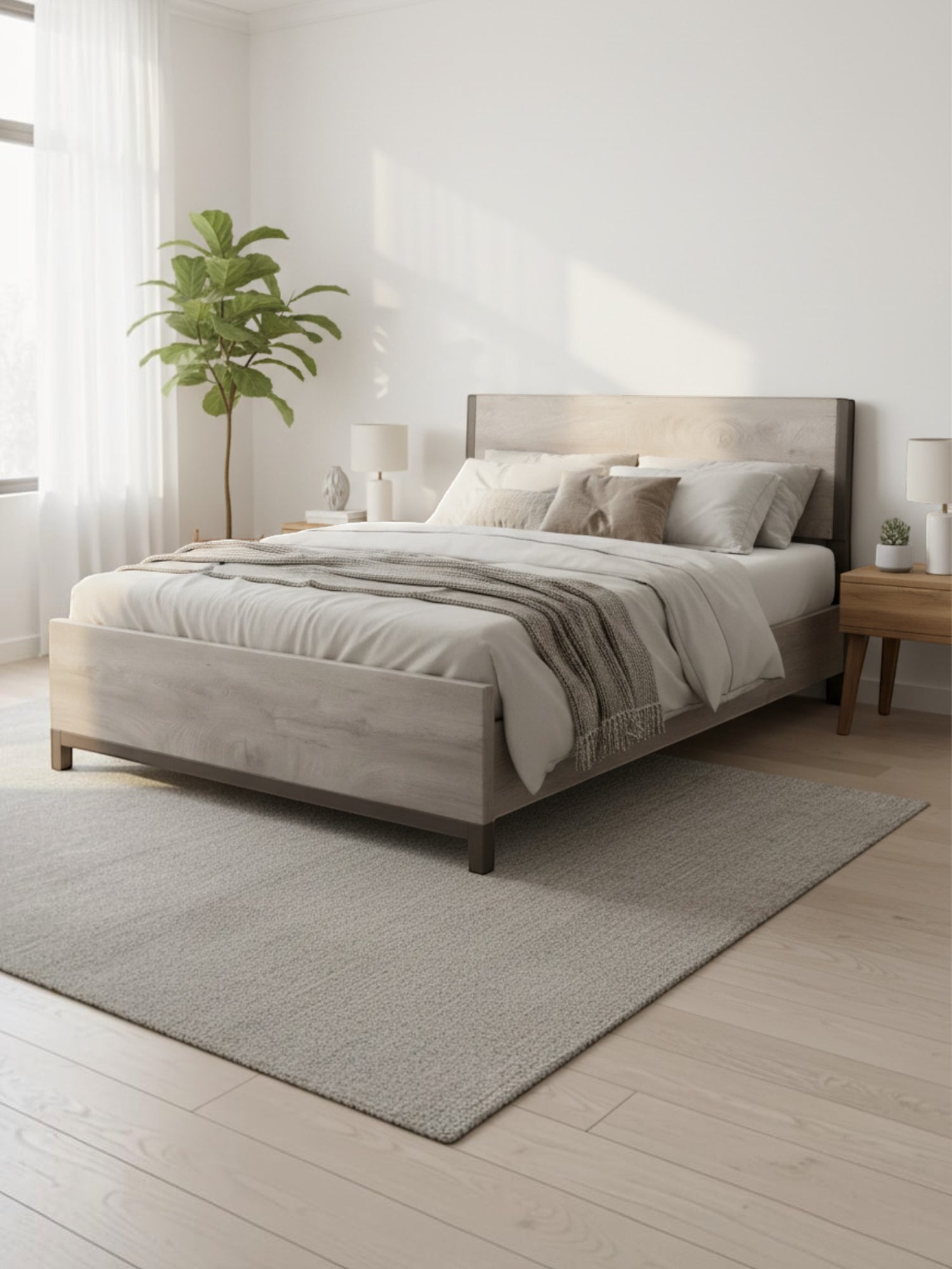 Très grand lit TOCO Meubles Stella en mélamine grise effet bois avec détails métalliques dans une chambre moderne