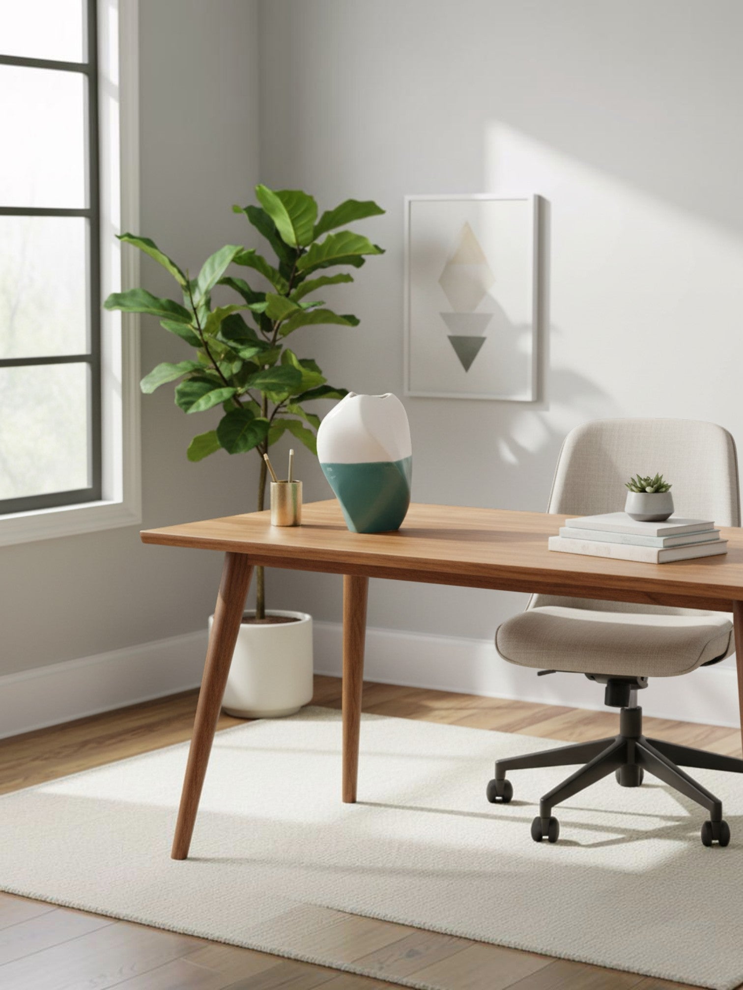 Vase en céramique bicolore blanc et vert TOCO Meubles posé sur un bureau en bois dans un bureau moderne