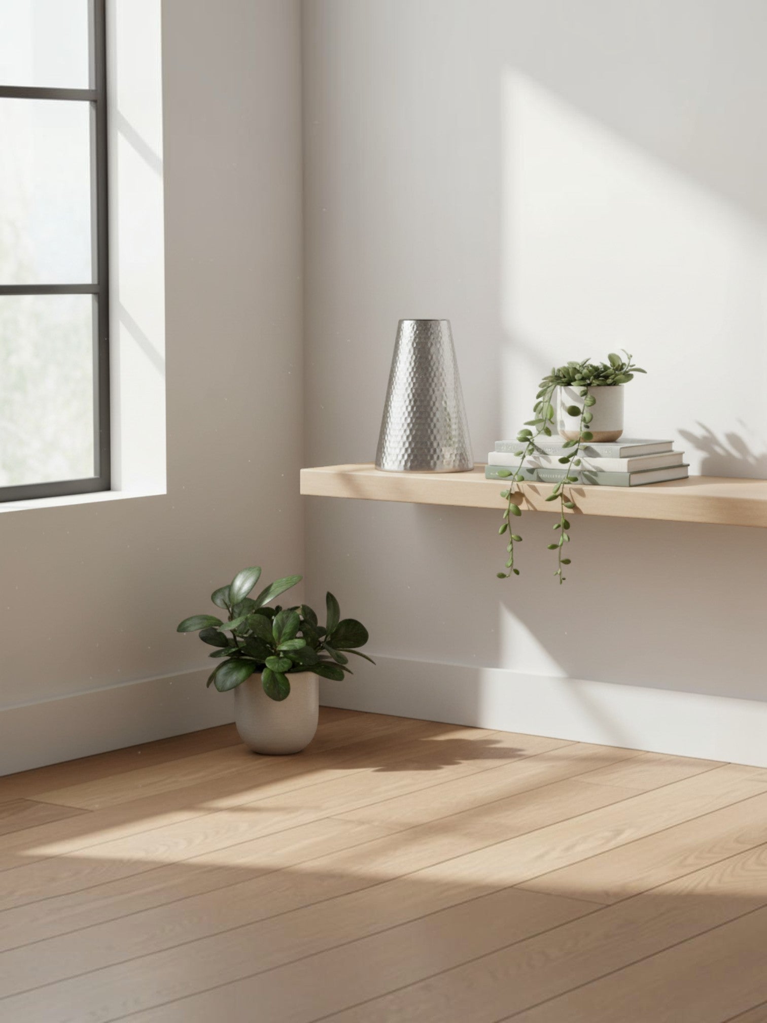 Vase en métal argenté texturé TOCO Meubles posé sur une étagère en bois dans un intérieur moderne et lumineux