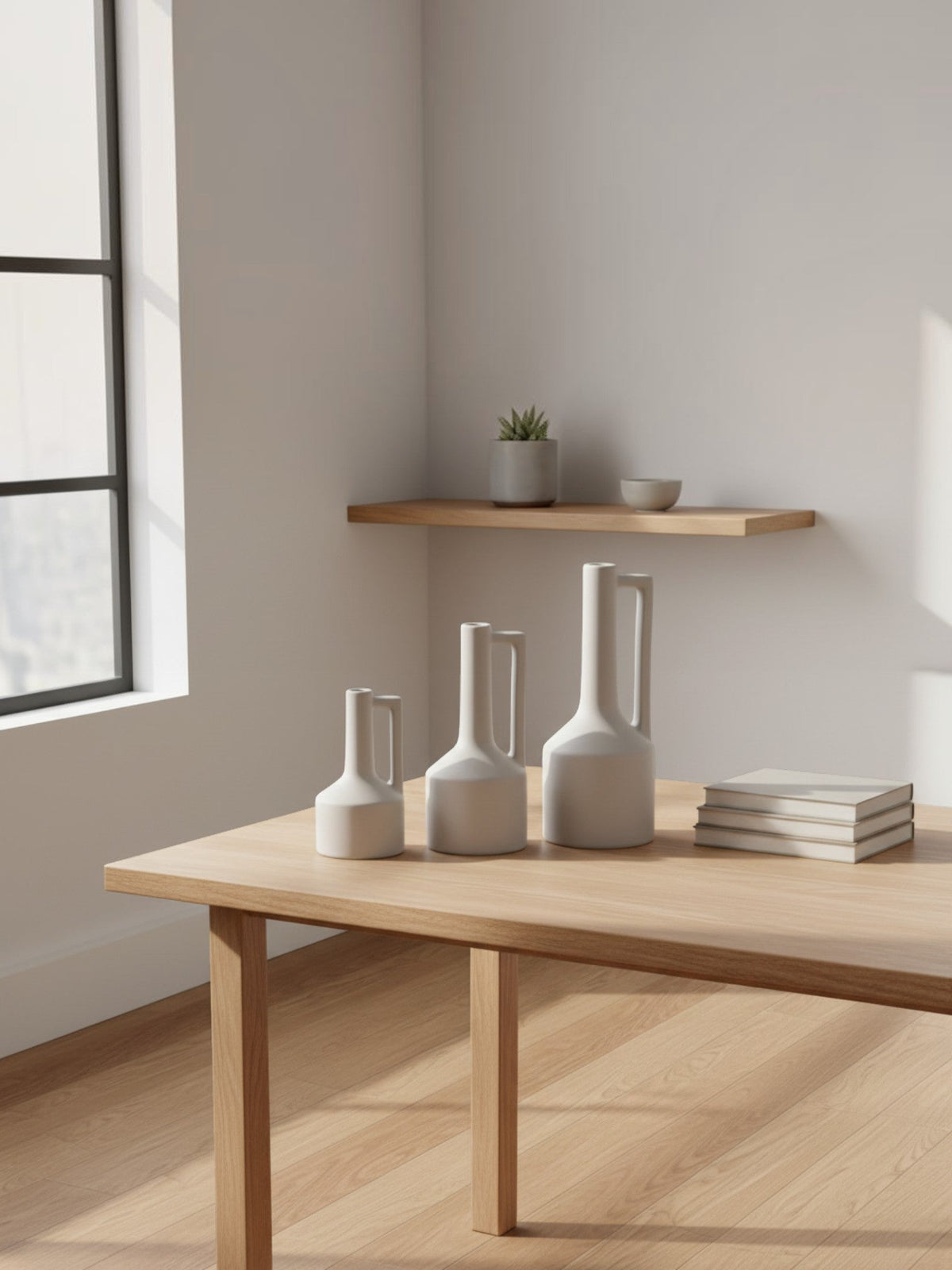 Trois vases Burton en céramique blanche mate de TOCO Meubles disposés sur une table en bois clair