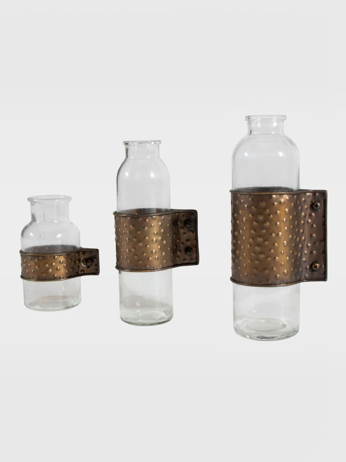 Ensemble de trois vases de table Gadd TOCO Meubles en verre transparent avec support en métal martelé bronze