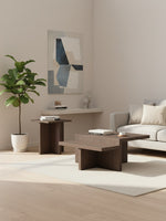 Ensemble de deux tables basses TOCO Meubles Zendex en bois brun dans un salon moderne et minimaliste