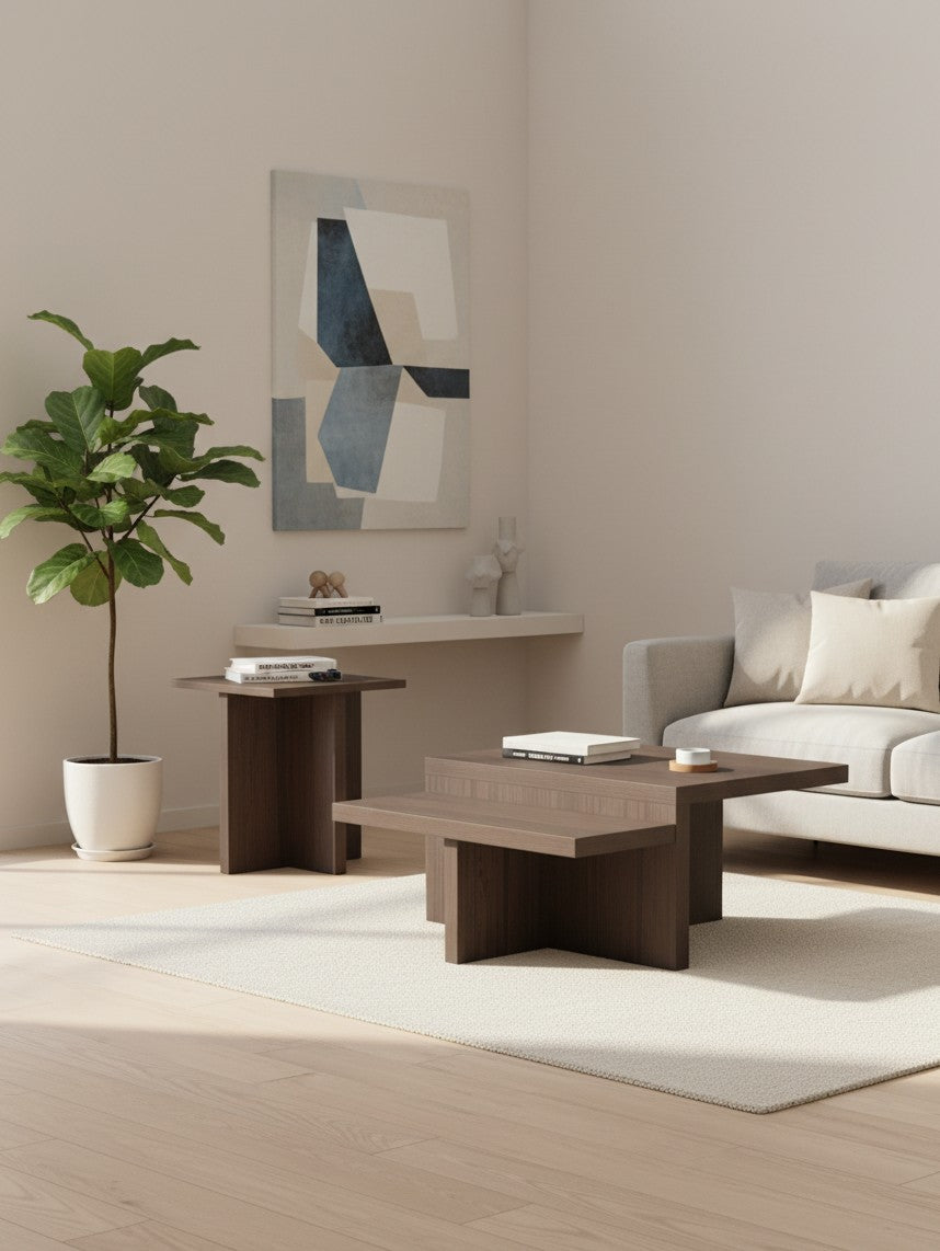 Ensemble de deux tables basses TOCO Meubles Zendex en bois brun dans un salon moderne et minimaliste