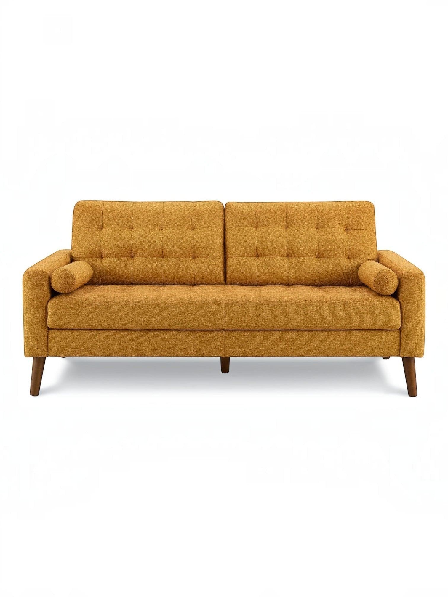 TOCO Meubles Canapé Cléopâtre jaune moutarde capitonné avec coussins cylindriques et pieds en bois foncés.
