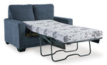 TOCO Meubles Canapé-lit Jabari 2 places bleu marine en tissu, matelas fleuri gris et blanc déplié