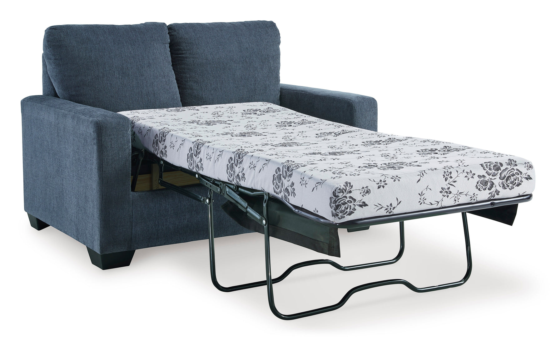 TOCO Meubles Canapé-lit Jabari 2 places bleu marine en tissu, matelas fleuri gris et blanc déplié