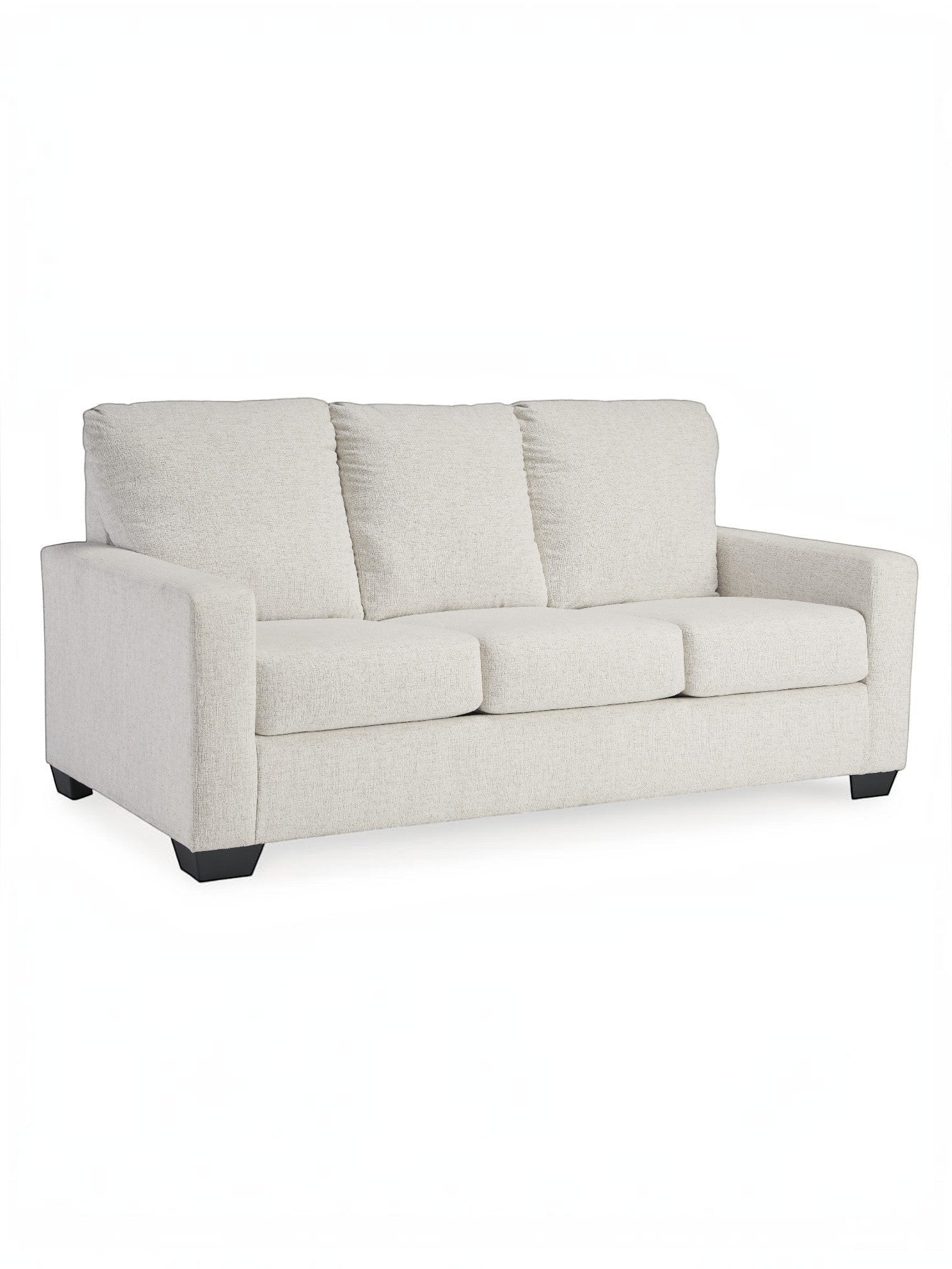 TOCO Meubles Canapé-lit Jabari 3 places blanc cassé en tissu texturé avec coussins moelleux et pieds noirs.