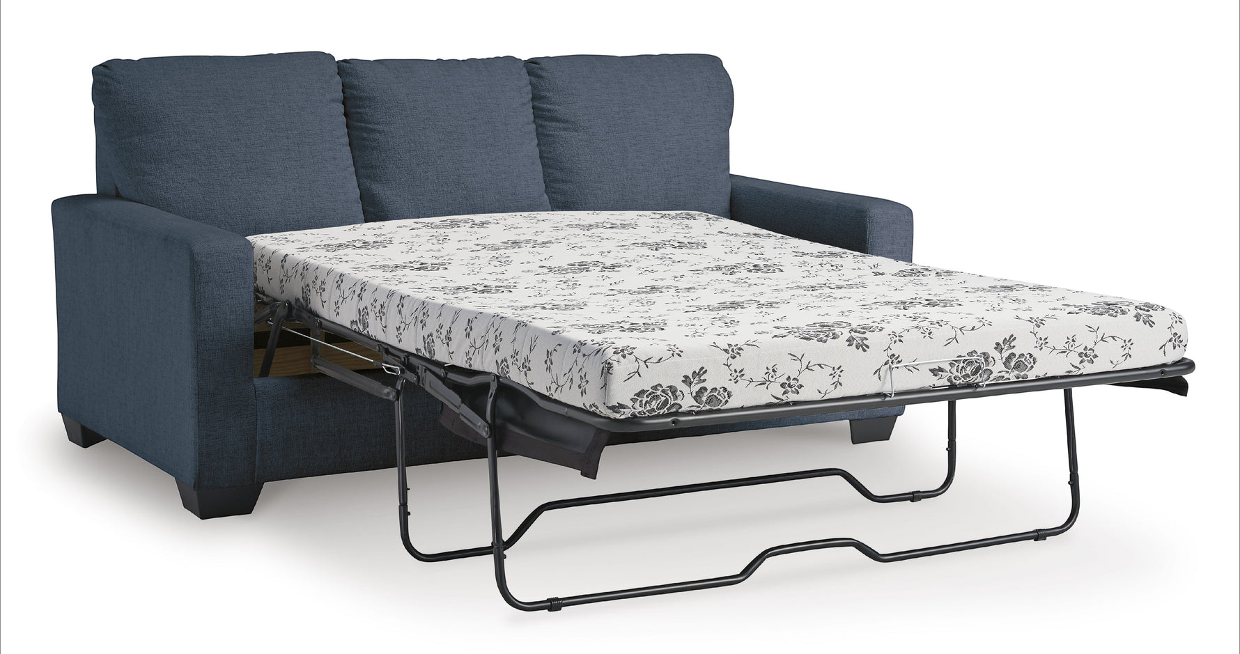 TOCO Meubles Canapé-lit Jabari 3 places bleu marine en tissu, matelas à motif floral déployé.