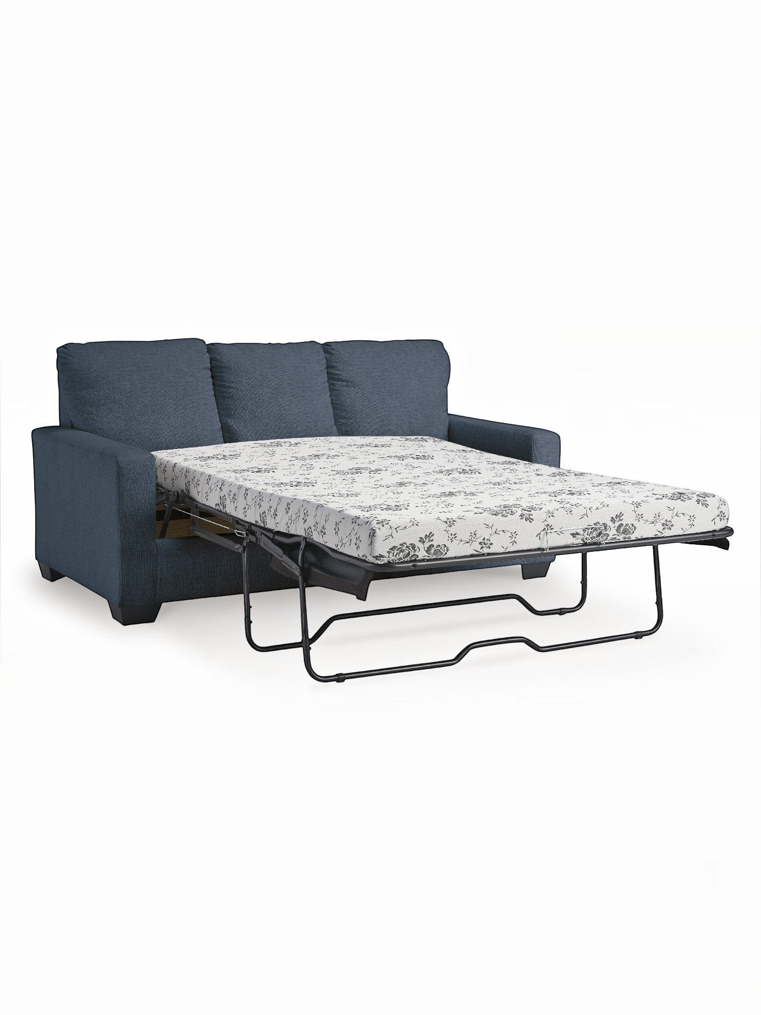 TOCO Meubles Canapé-lit Jabari 3 places bleu marine en tissu, matelas à motif floral déployé.