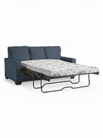 TOCO Meubles Canapé-lit Jabari 3 places bleu marine en tissu, matelas à motif floral déployé.