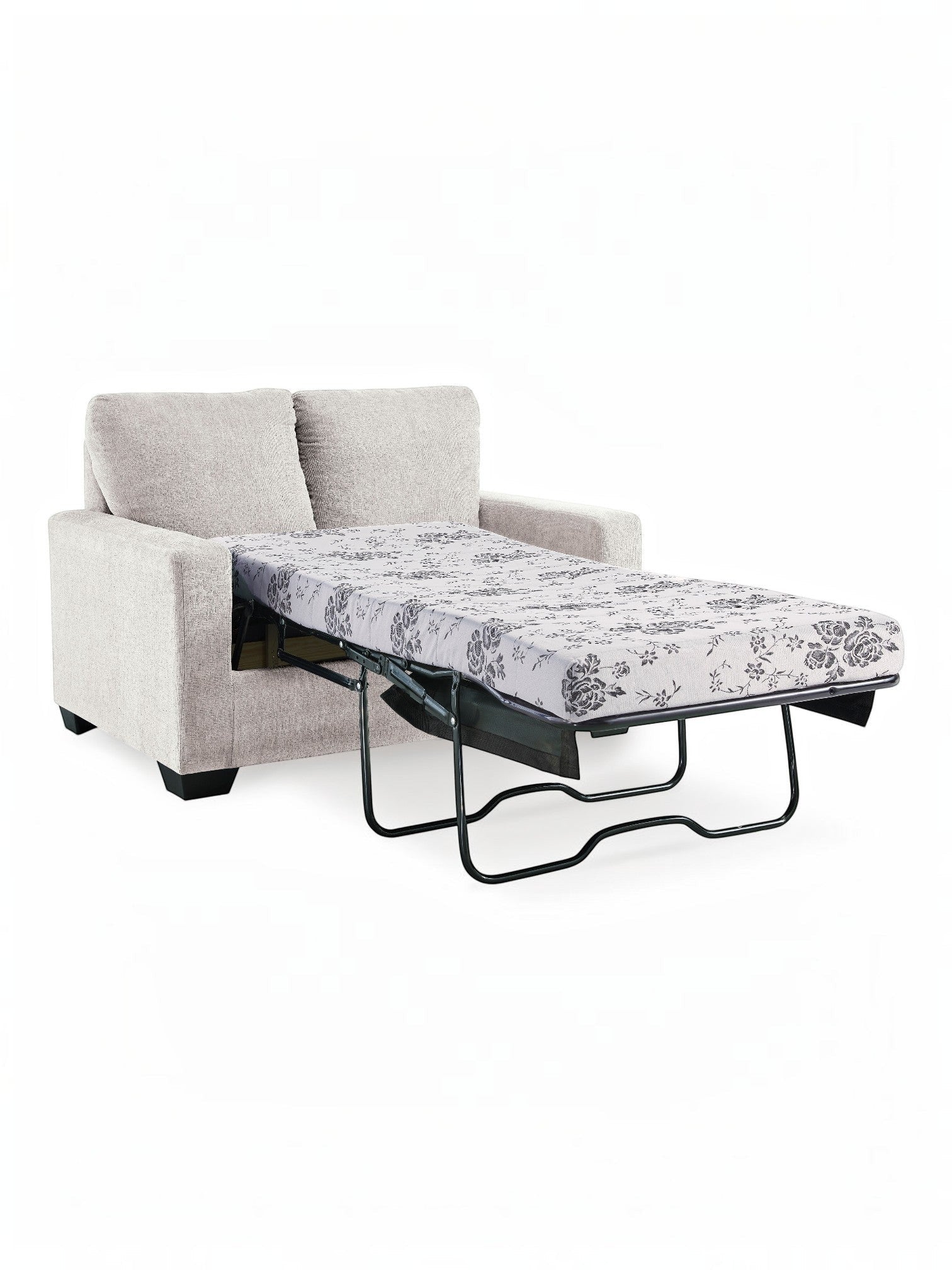 TOCO Meubles Canapé-lit Jabari 2 places beige clair, convertible en lit avec matelas à motif floral gris.