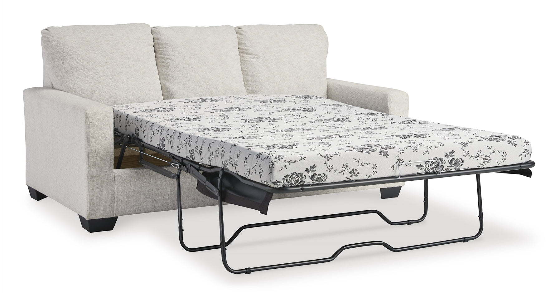 TOCO Meubles Canapé-lit Jabari 3 places beige en tissu, matelas à motif floral noir et blanc déplié.
