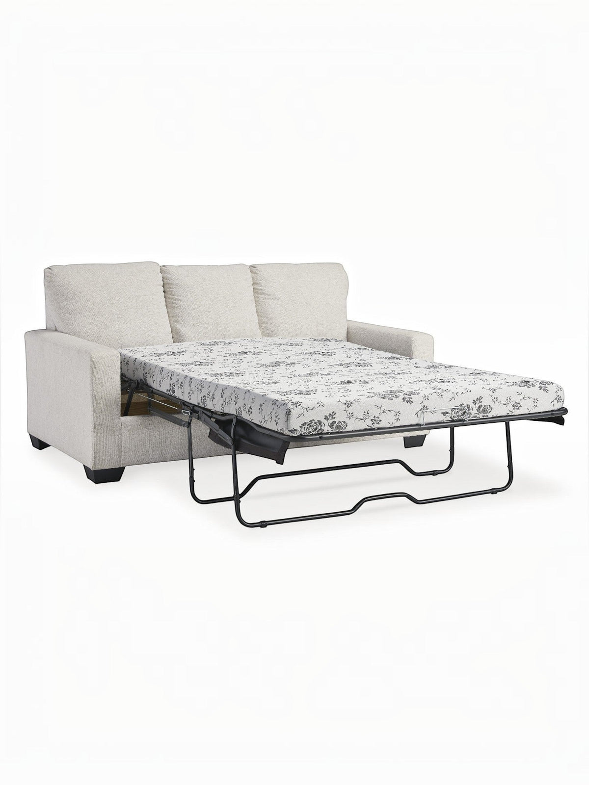TOCO Meubles Canapé-lit Jabari 3 places beige en tissu, matelas à motif floral noir et blanc déplié.