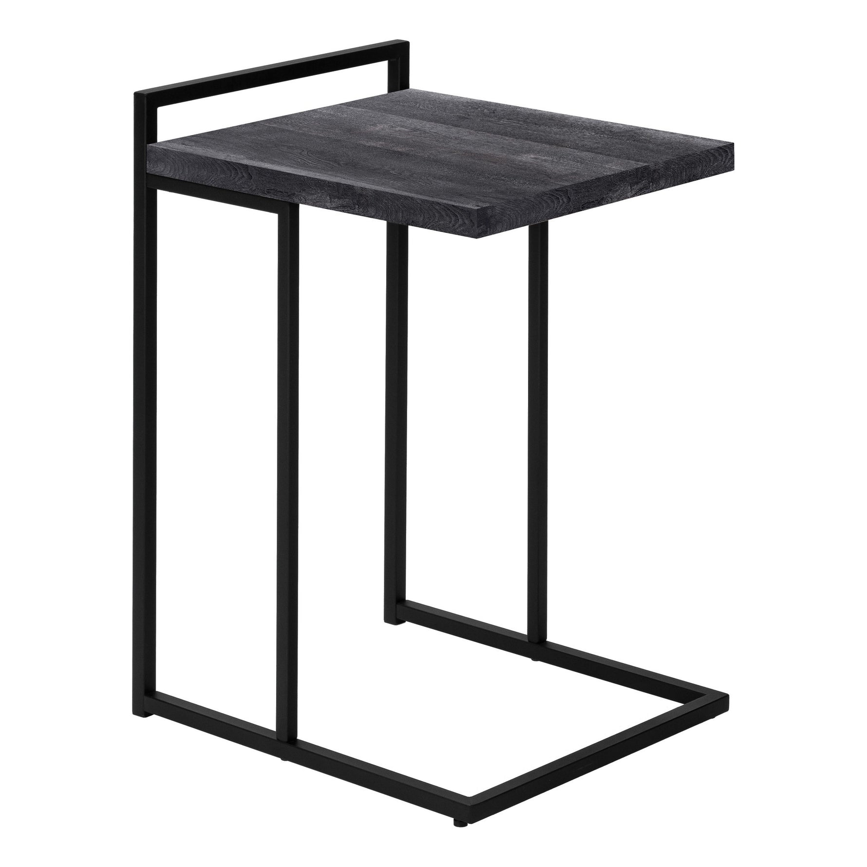 TOCO Meubles Eliott C-shaped side table with black wood-effect top and black metal frame.