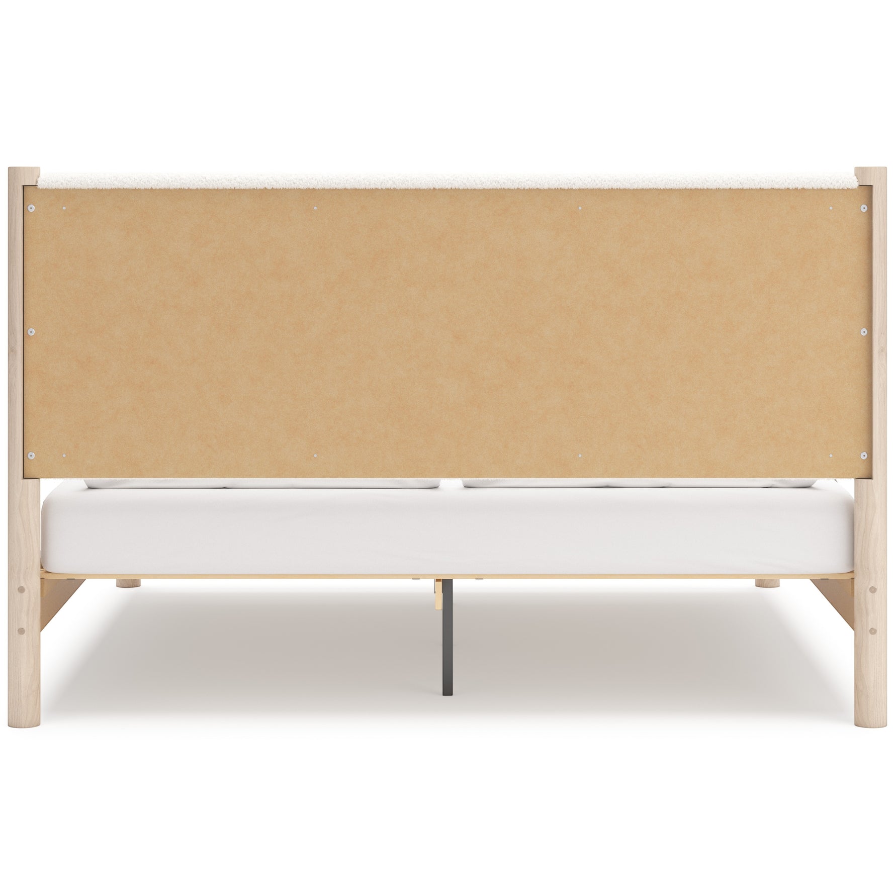 TOCO Meubles Grand Lit Margot, lit à panneaux rembourré blanc texturé avec structure en bois clair, style boho minimaliste.