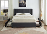 Lit double Elena en velours gris foncé avec tête de lit capitonnée et tiroirs de rangement intégrés, par TOCO Meubles.