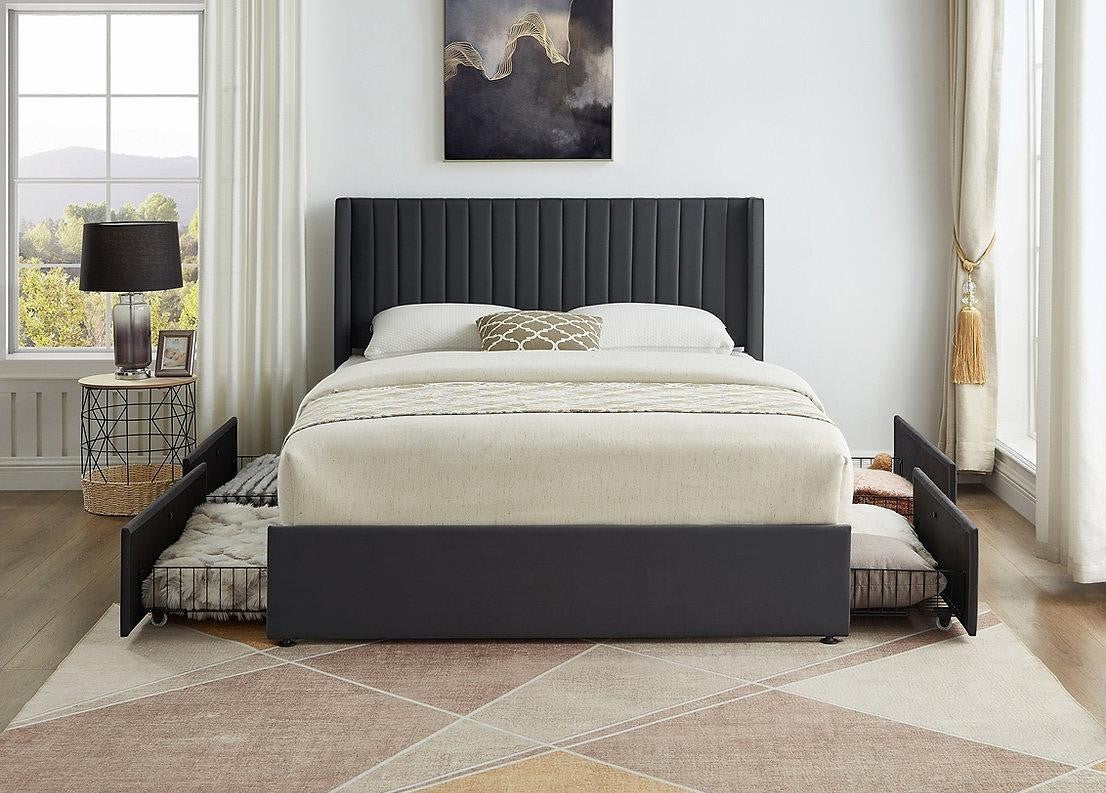 Lit double Elena en velours gris foncé avec tête de lit capitonnée et tiroirs de rangement intégrés, par TOCO Meubles.