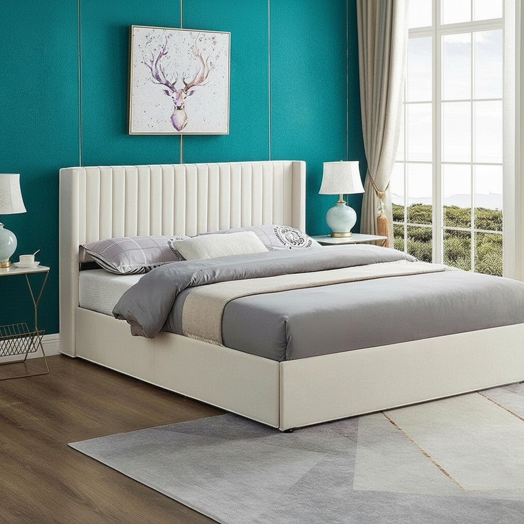 TOCO Meubles Lit Double Lucia in cream velvet with winged headboard and storage. Modern bedroom furniture.