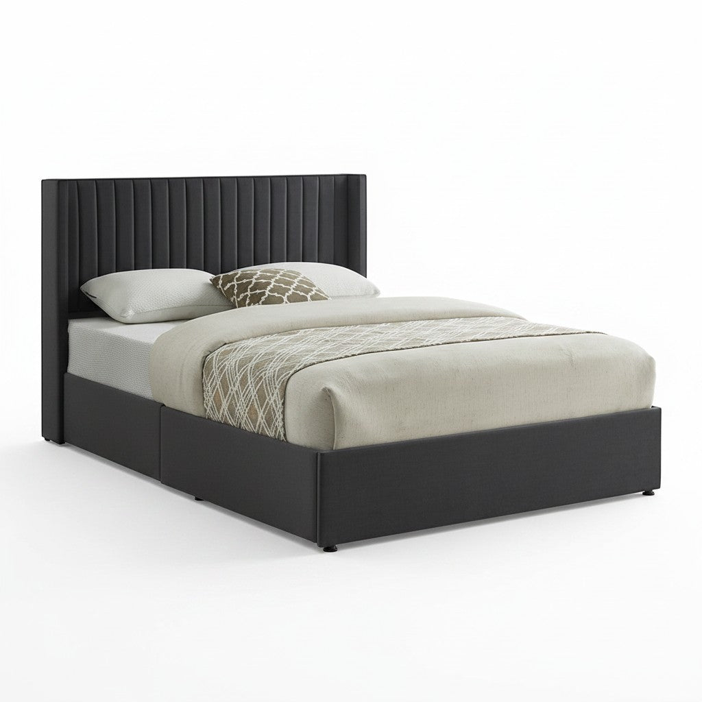 TOCO Meubles Grand lit Elena en velours gris avec tête de lit capitonnée et rangement intégré. Design contemporain.