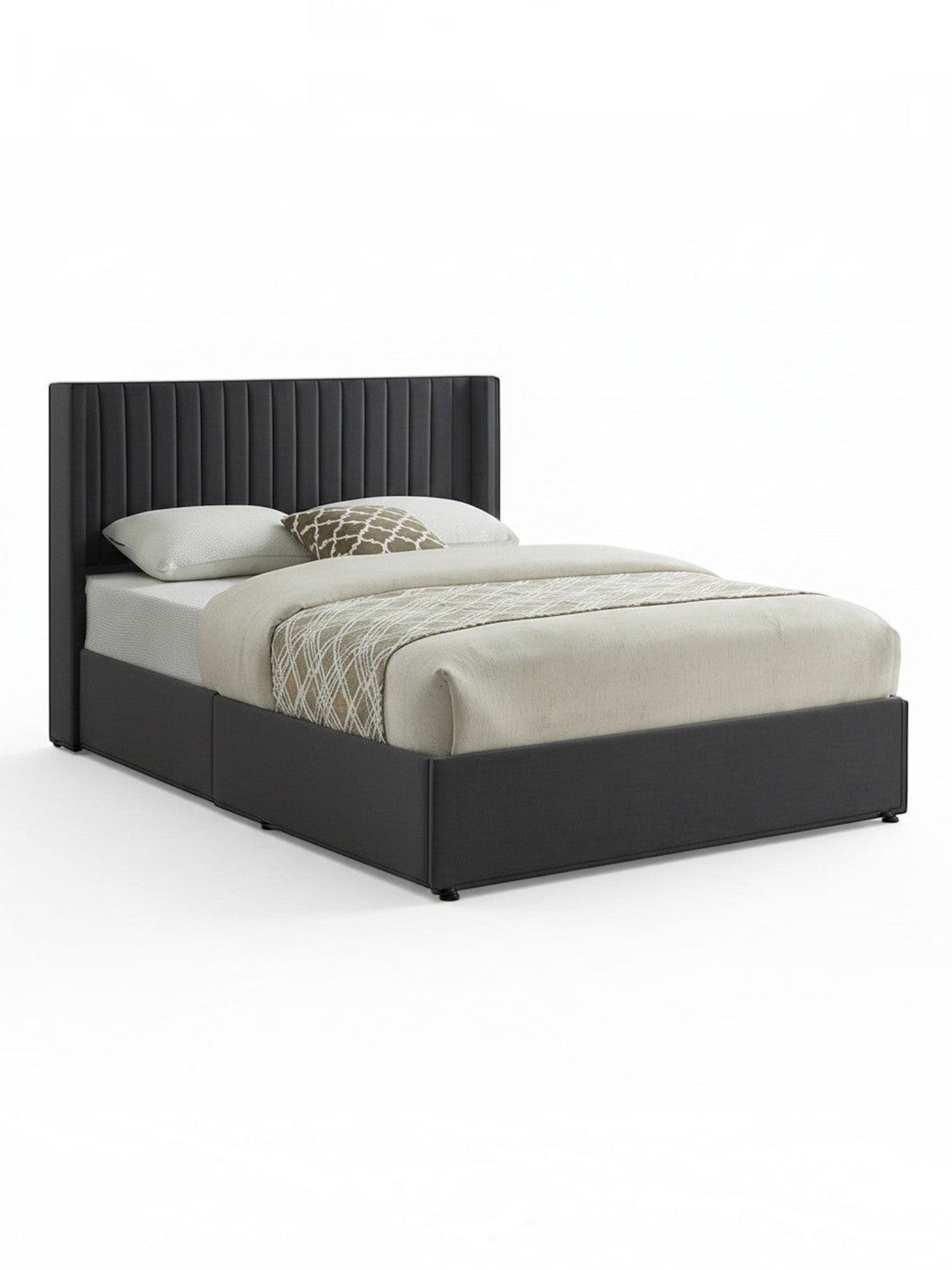 TOCO Meubles Grand lit Elena en velours gris avec tête de lit capitonnée et rangement intégré. Design contemporain.