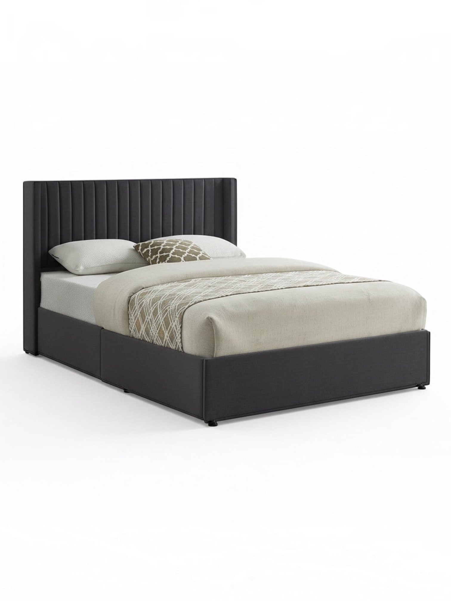 TOCO Meubles Grand lit Elena en velours gris avec tête de lit capitonnée et rangement intégré. Design contemporain.