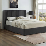 TOCO Meubles Grand lit Elena en velours gris avec tête de lit capitonnée et rangement intégré. Design contemporain.